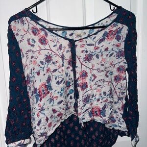 Ecote Pink and Blue Tie Front Asymmetrical Blouse